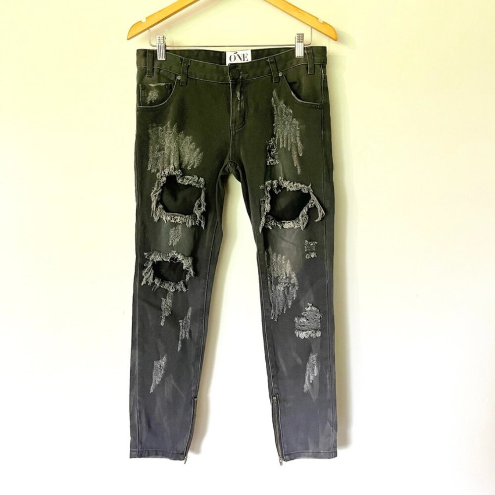 One Teaspoon Jeans Size 26 Trashed Free Birds Zip Ankle Distressed‎ Black Skinny